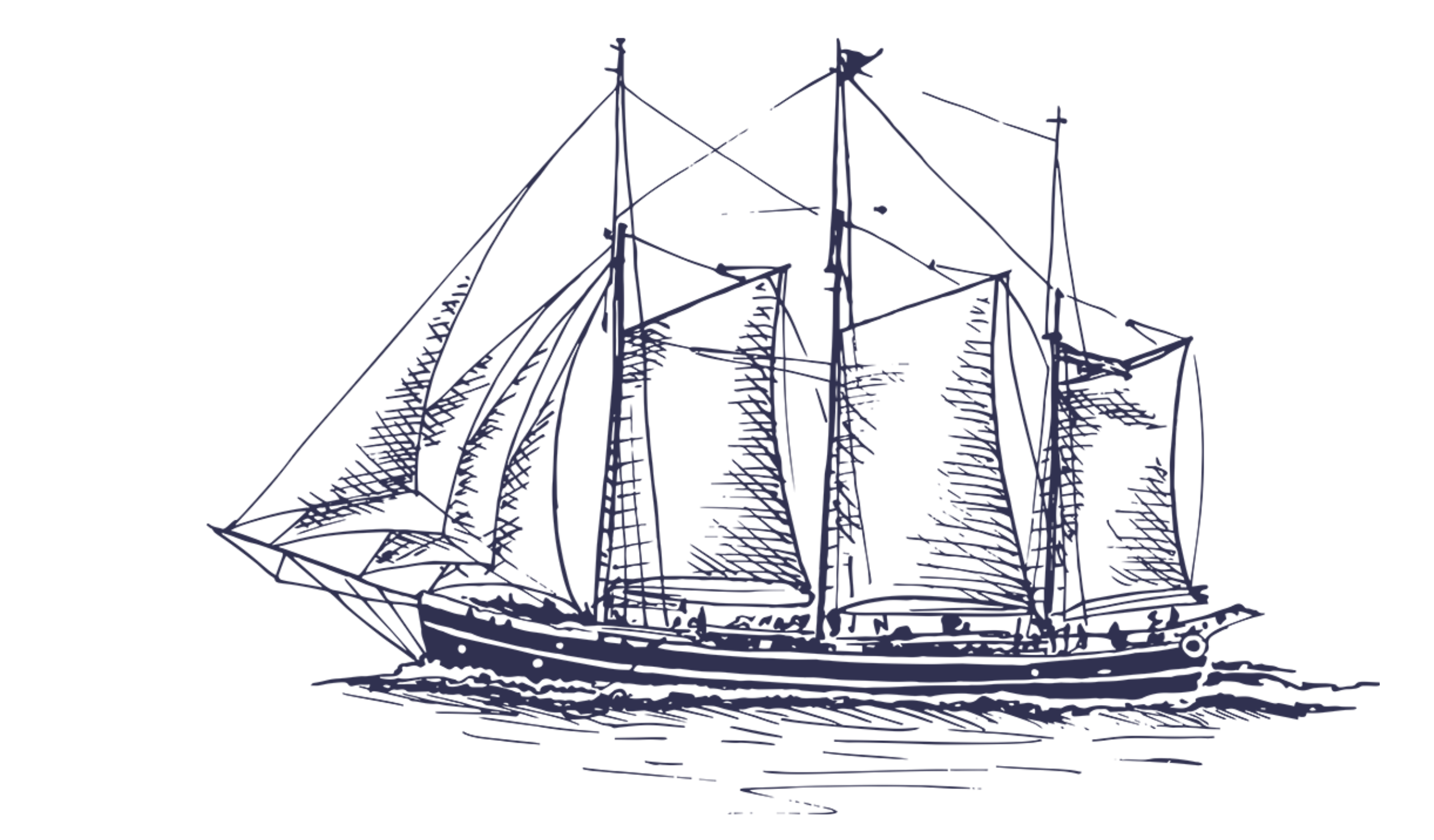 Illustration eines dreimastigen Segelschiffs auf See.