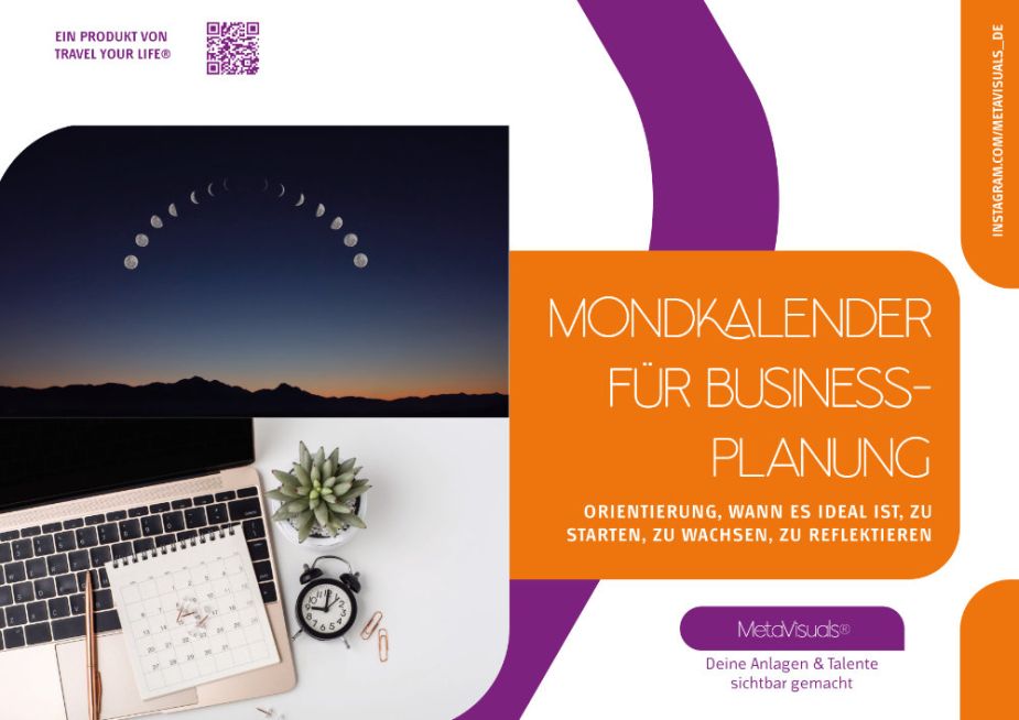 Ein Kalender mit Mondphasen, einer Uhr und einer Pflanze auf einem Schreibtisch. Der Text lautet „Mondkalender für Business-Planung“ mit Details zu Wachstum und Reflexion, inspiriert vom Rauhnacht-Ritual.