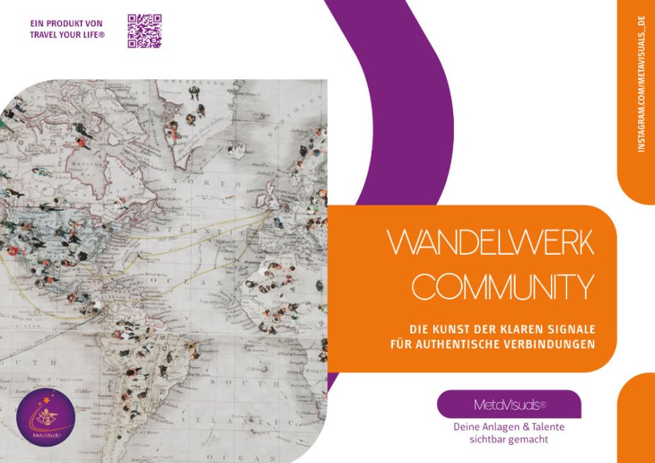 Karte mit violetten und orangefarbenen Designelementen, dem Text „Wandelwerk Community“ und Firmenlogos.