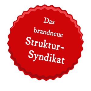 Rote Siegelgrafik mit deutschem Text „das brandneue struktur-syndikat“.