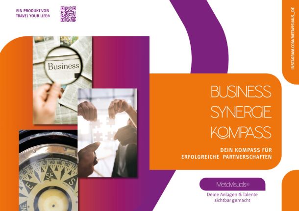 Eine Collage zum Thema Wirtschaft zeigt drei Bilder: eine Hand, die einen „Business“-Ball hält, zwei Personen, die Puzzleteile zusammensetzen, und eine Nahaufnahme einer Uhr. Der Text lautet „Business Synergie Kompass“, mit einem Untertitel über erfolgreiche Business-Partnerschaft und einem Logo am unteren Rand.