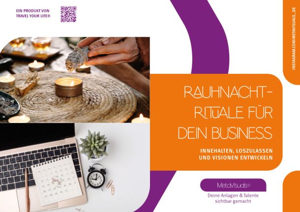 Eine Collage mit einem Laptop und einer Pflanze, einer Hand, die einen Kristall über einer Holzplatte hält, und dem Text: „Bereichern Sie Ihr Geschäft mit Rauhnacht-Ritualen.“