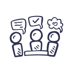 Icon drei Personen im wertschätzenden Austausch, Sprechblasen mit Text, Haken, Herz
