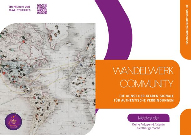 Karte mit violetten und orangefarbenen Designelementen, dem Text „Wandelwerk Community“ und Firmenlogos.
